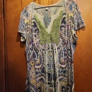 ONE WORLD Blue Green Graphic Tie Front Blouse